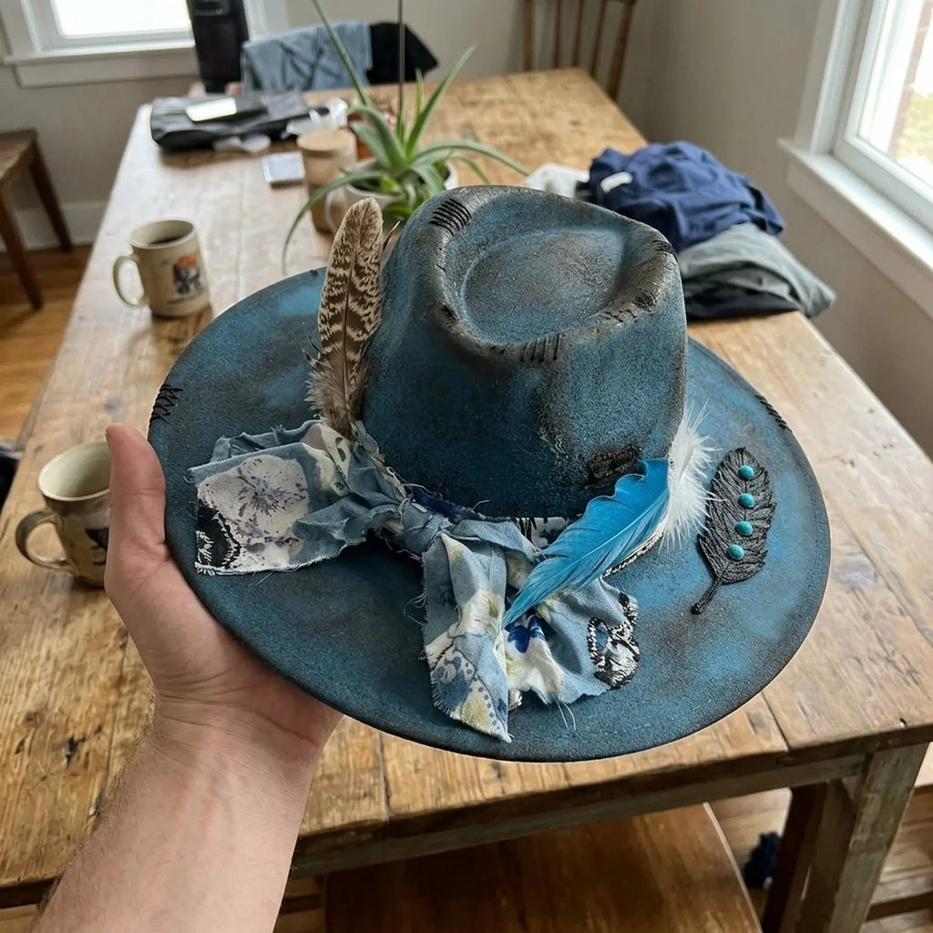 Antique Blue Fedora with Floral Scarf Bow and Feather Spray