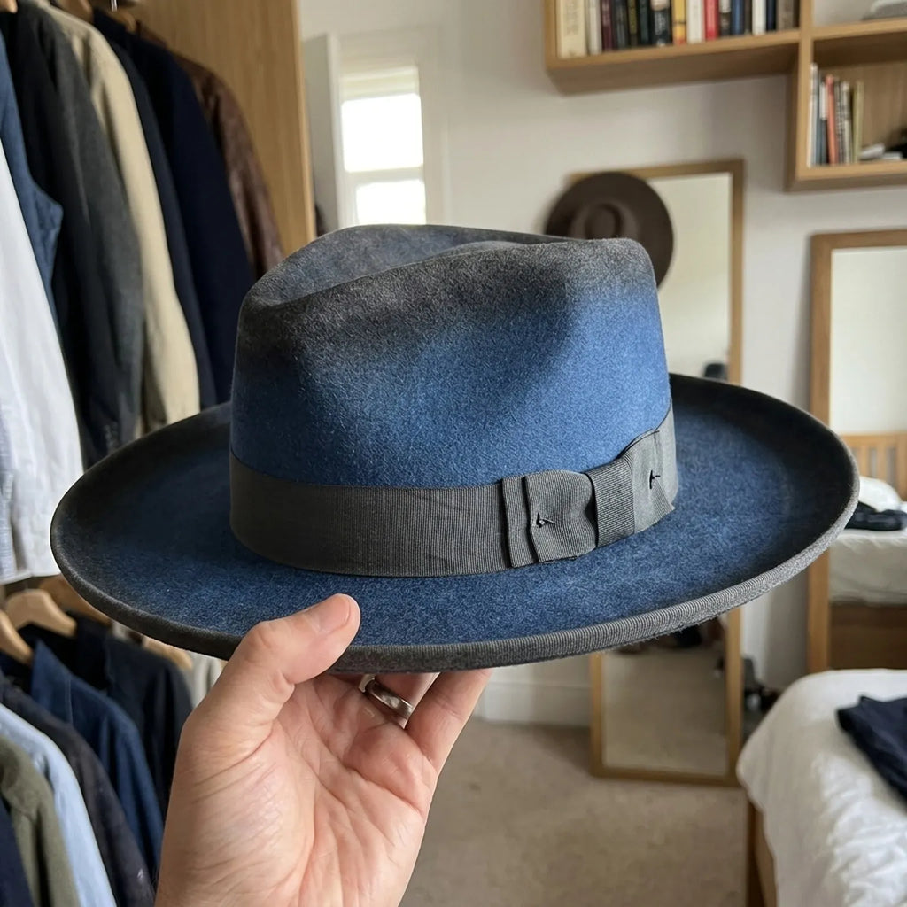Two-Tone Blue Wool Fedora with Grey Ribbon Bow Detail