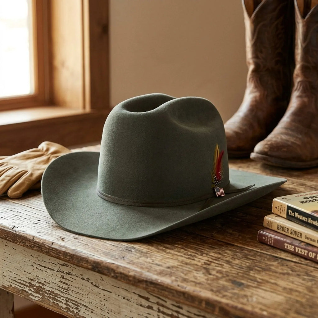 Olive Green Felt Cowboy Hat with Feather Trim Band Detail