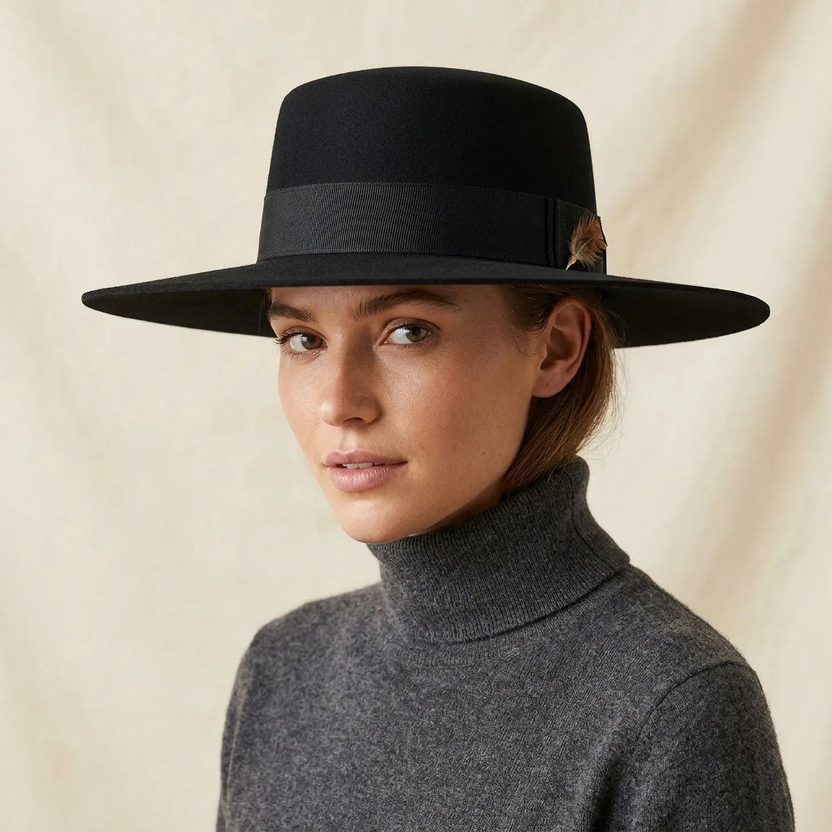 Unisex Black Wool Felt Wide Brim Hat with Minimalist Band