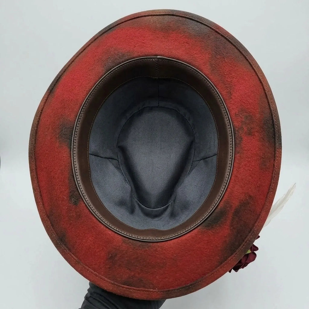 Western Red Fedora with Playing Cards, Rose and Bullet