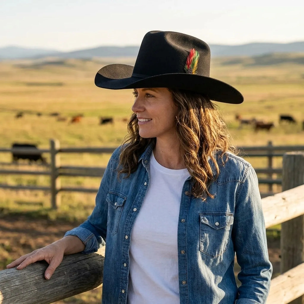 Black Wool Felt Cowboy Hat with Ribbon Band and Feather Detail