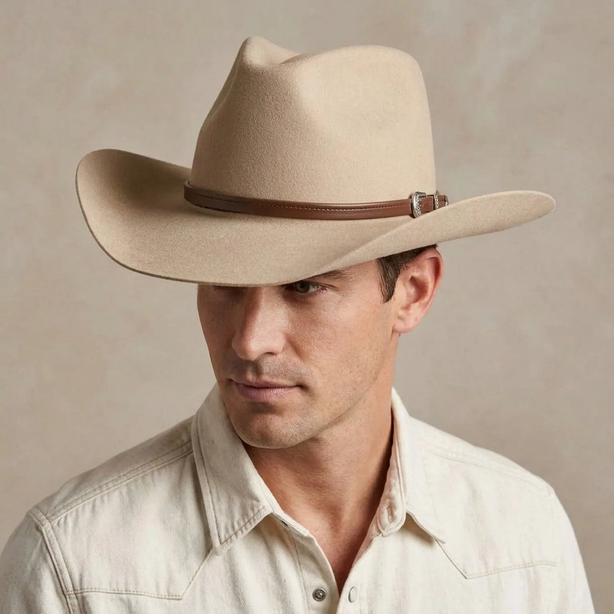 Cream Wool Felt Cowboy Hat with Brown Leather Concho Band