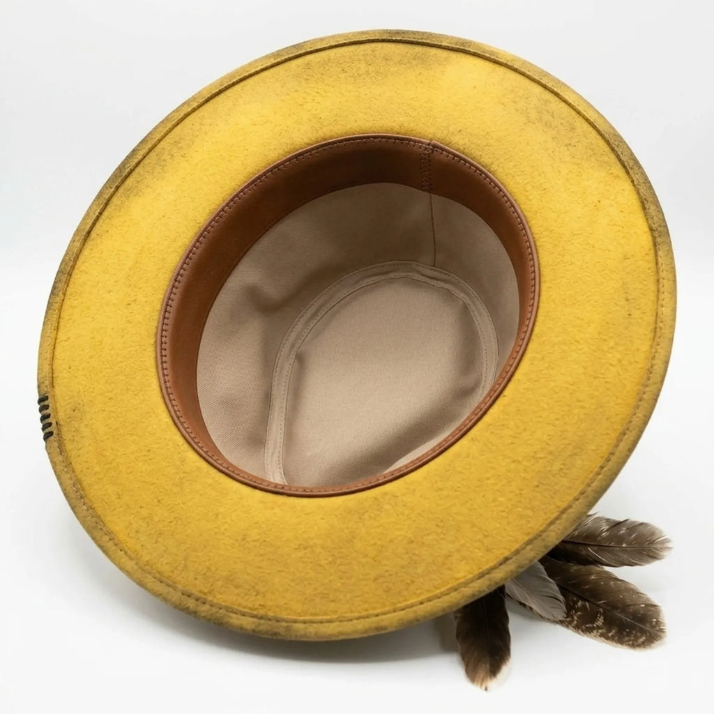 Vintage Yellow Distressed Fedora with Snake Band and Feathers