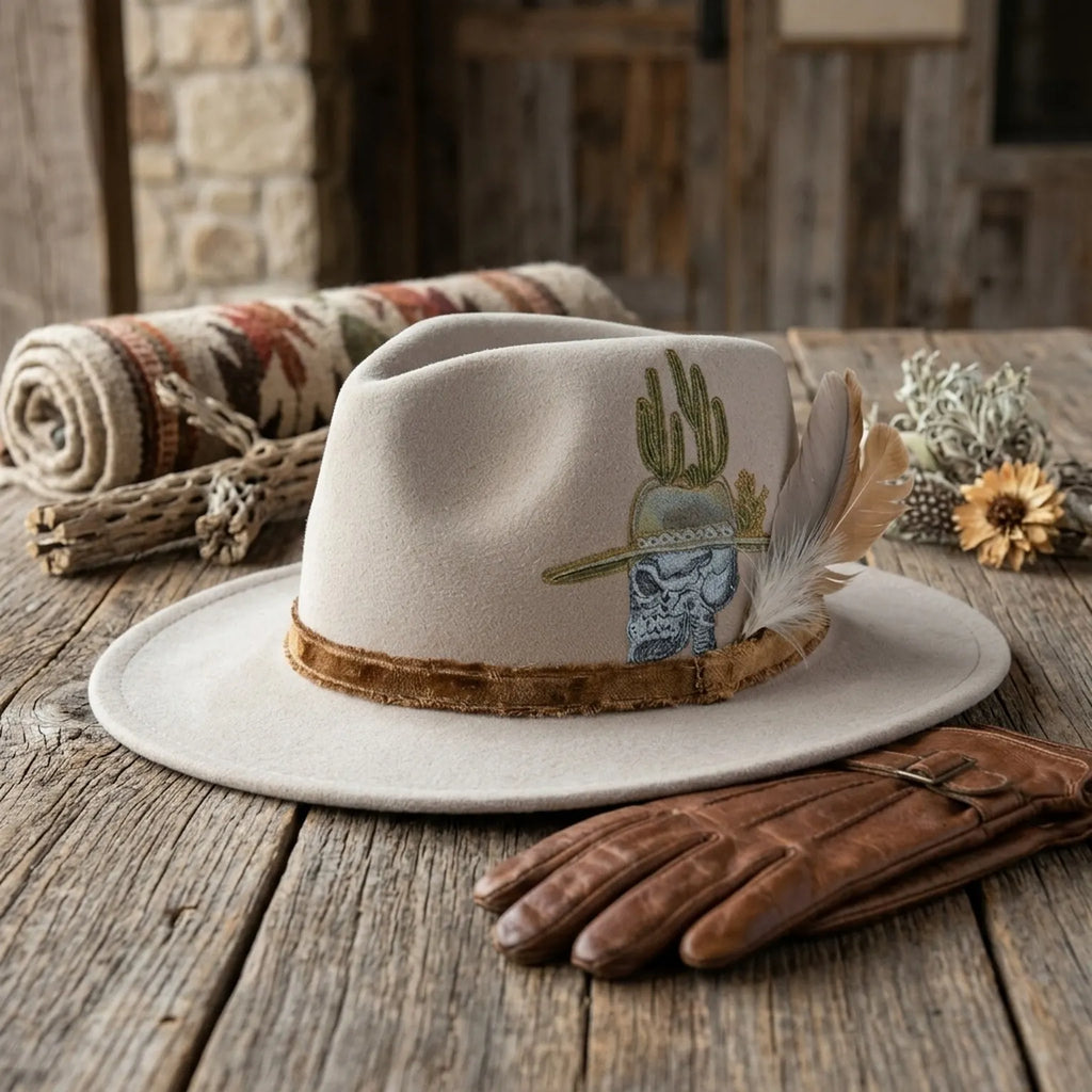 Beige Fedora with Cactus Skull Embroidery and Feather Accent
