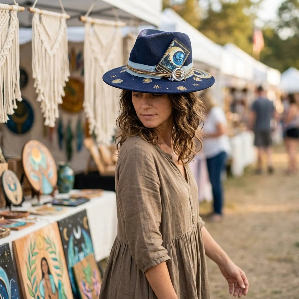 Navy Hand-Painted Starry Sky Fedora with Moon Charm Cluster