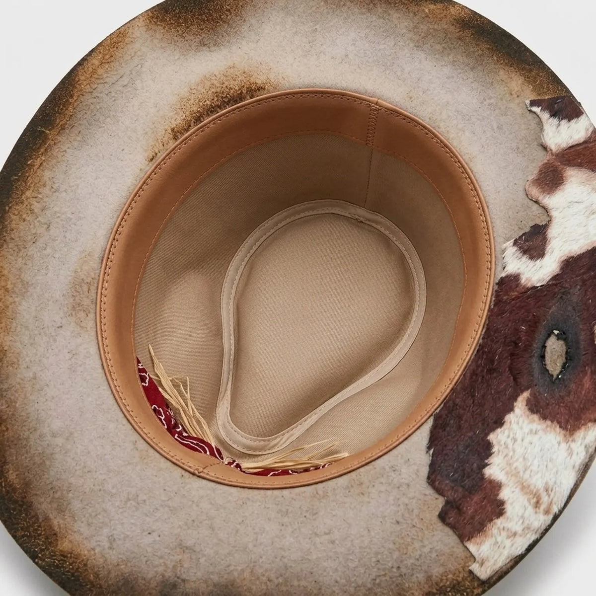 Distressed Brown Felt Western Hat Cowhide Brim Red Bandana