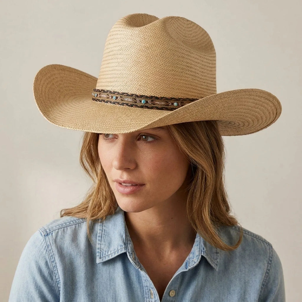 Natural Straw Cowboy Hat with Turquoise Beaded Leather Band