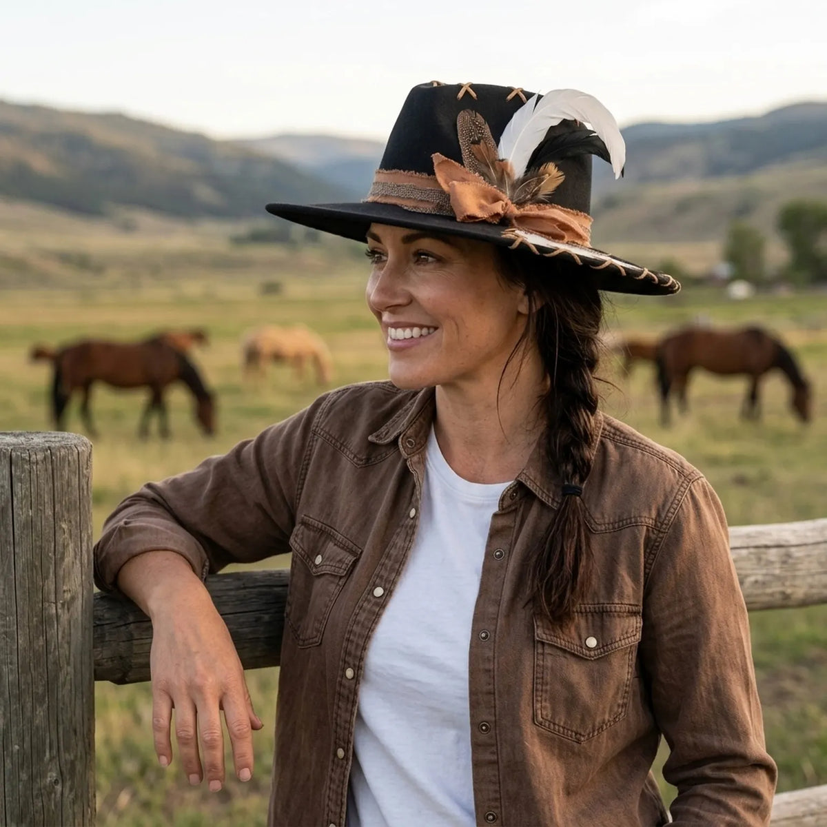 Black Western Hat with Cowhide Brim Cross Lacing White Feather
