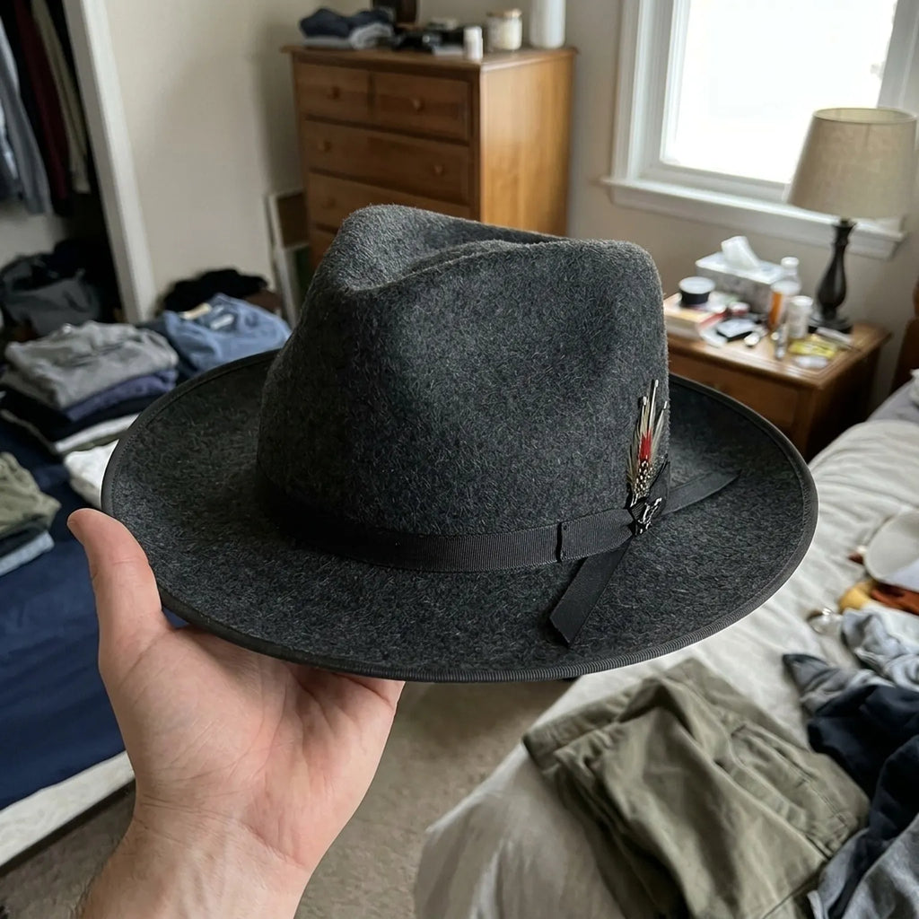 Heather Gray Felt Fedora with Grosgrain Band and Feather Detail