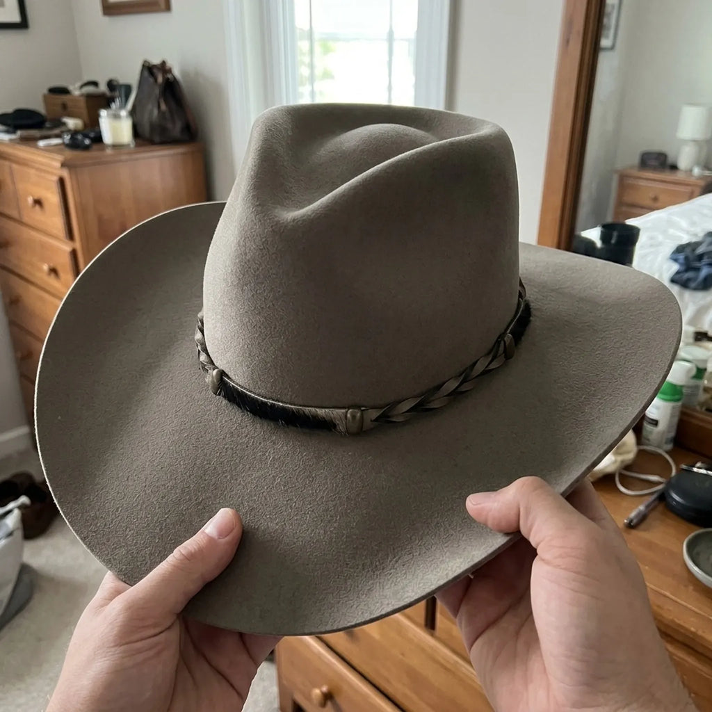 Grey Wool Felt Cowboy Hat with Braided Leather Band Trim