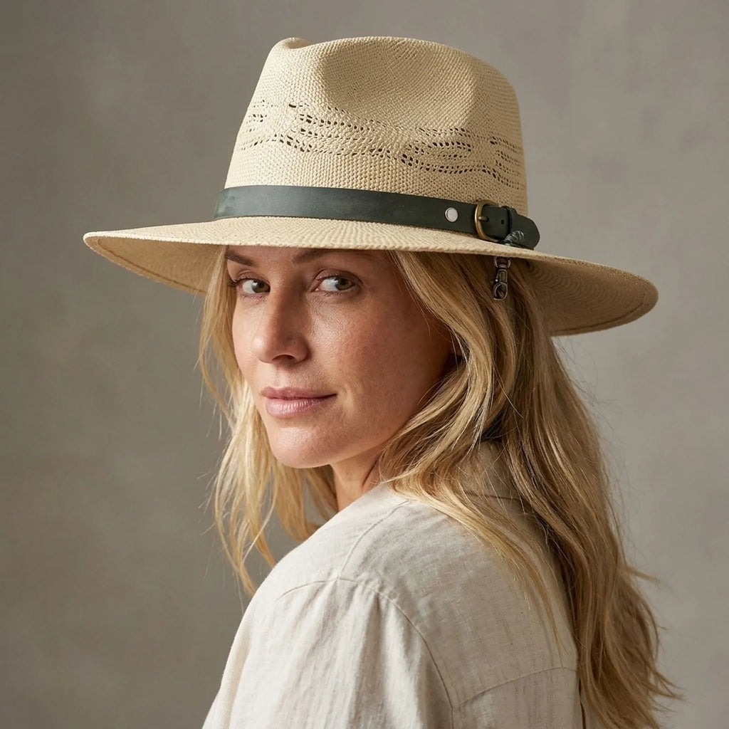 Beige Cut-Out Straw Sun Hat with Leather Band and Tassels