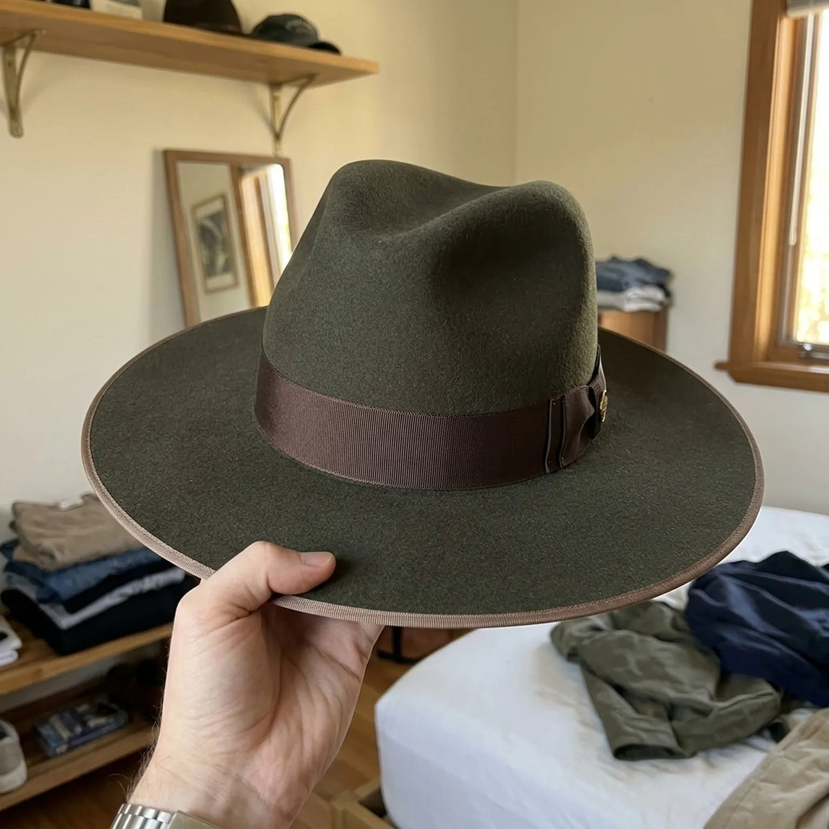 Dark Olive Felt Fedora with Brown Ribbon and Contrast Trim