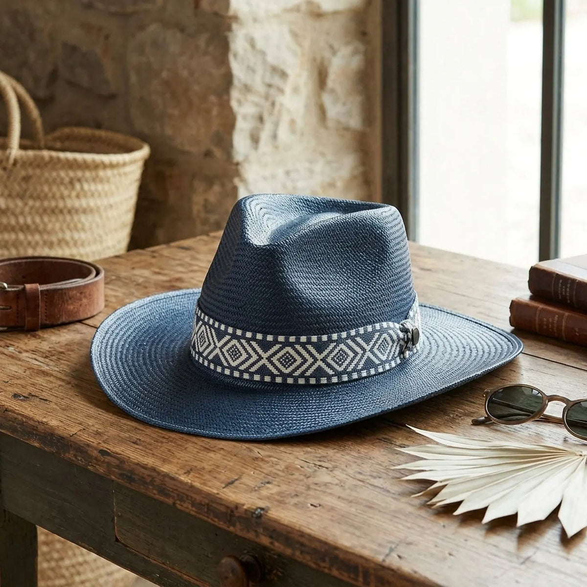 Unisex Navy Straw Panama Hat with Geometric Pattern Band