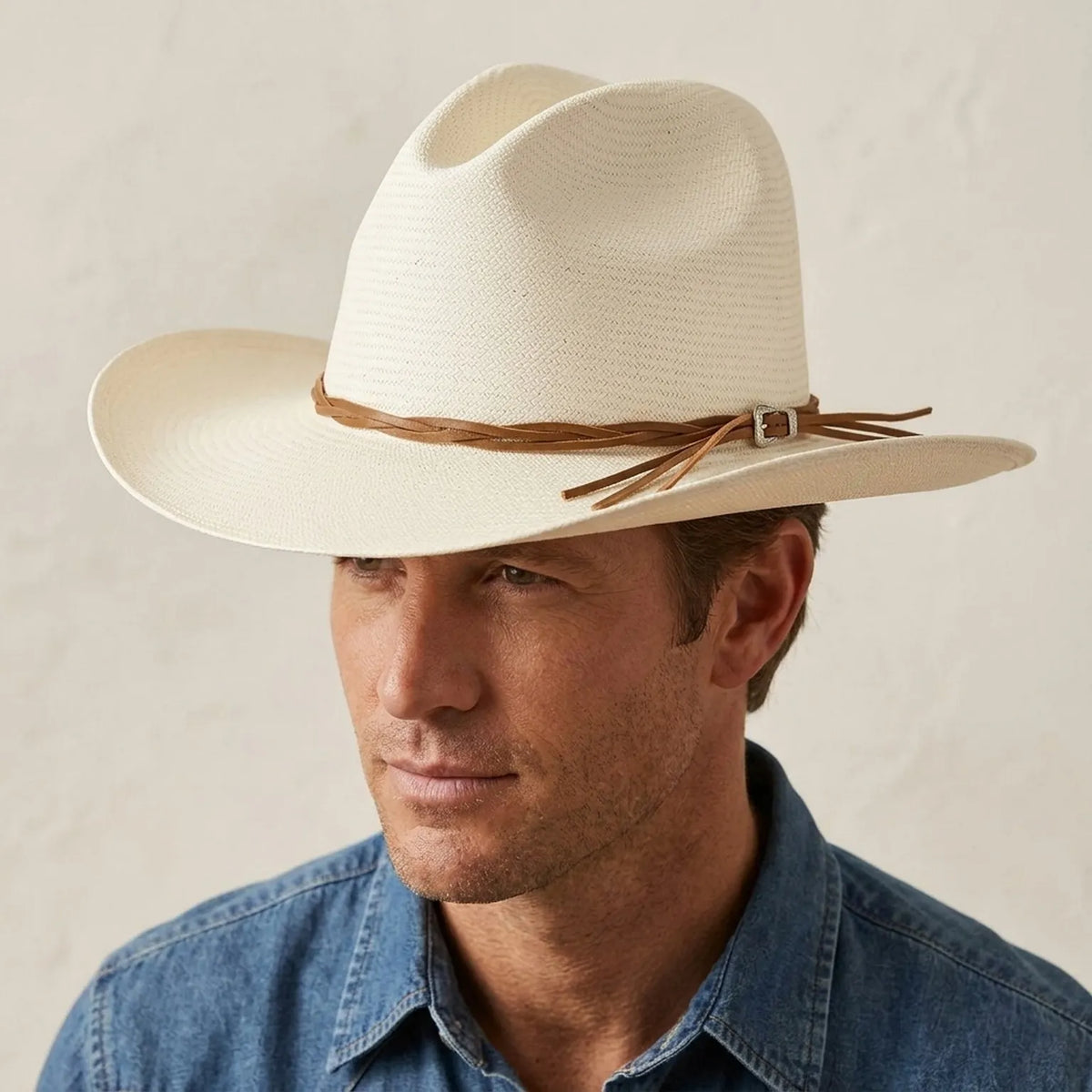 Unisex White Straw Cowboy Hat with Braided Leather Tassel Band