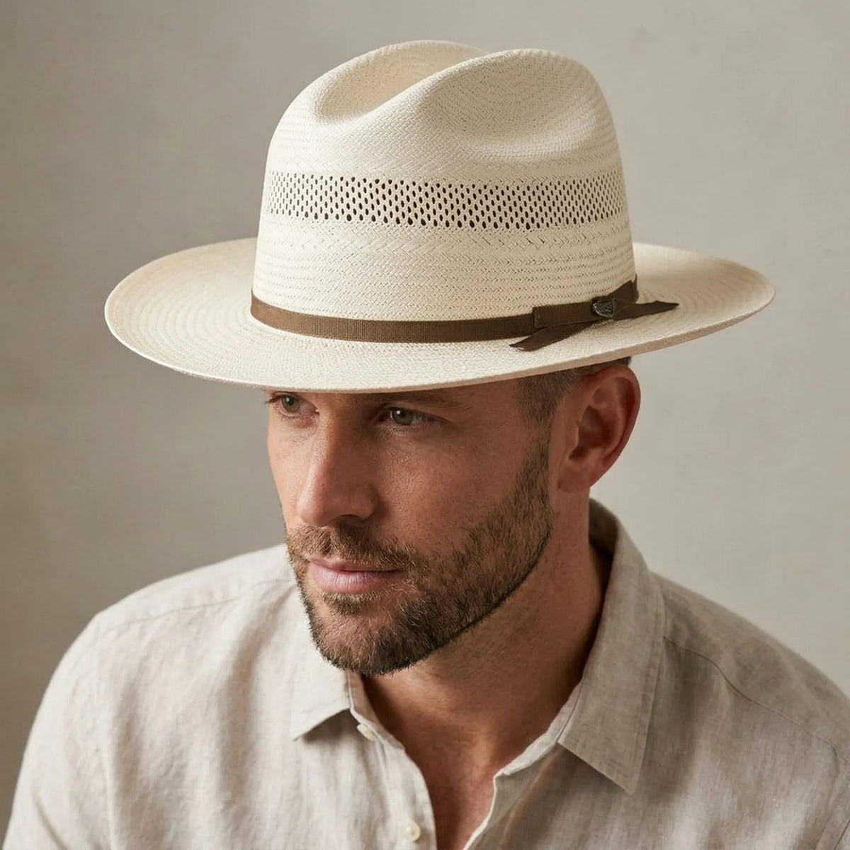 Ivory Open-Crown Straw Fedora with Grosgrain Ribbon Tie