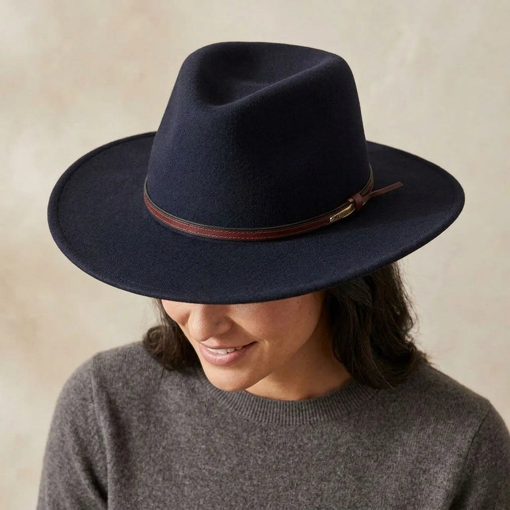 Navy Felt Fedora Hat with Brown Leather Band - Classic Style