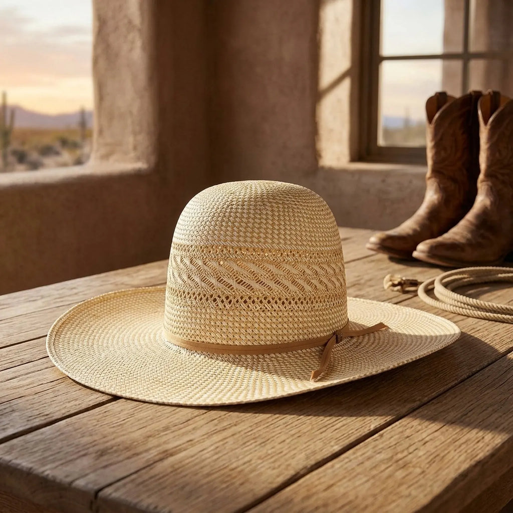 Tan Straw Sun Hat with Ventilated Crown and Grosgrain Band