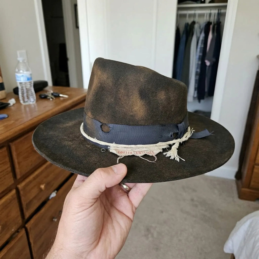 Dark Brown Fedora Frayed Ribbon Rope Band Tattered Tag Vintage