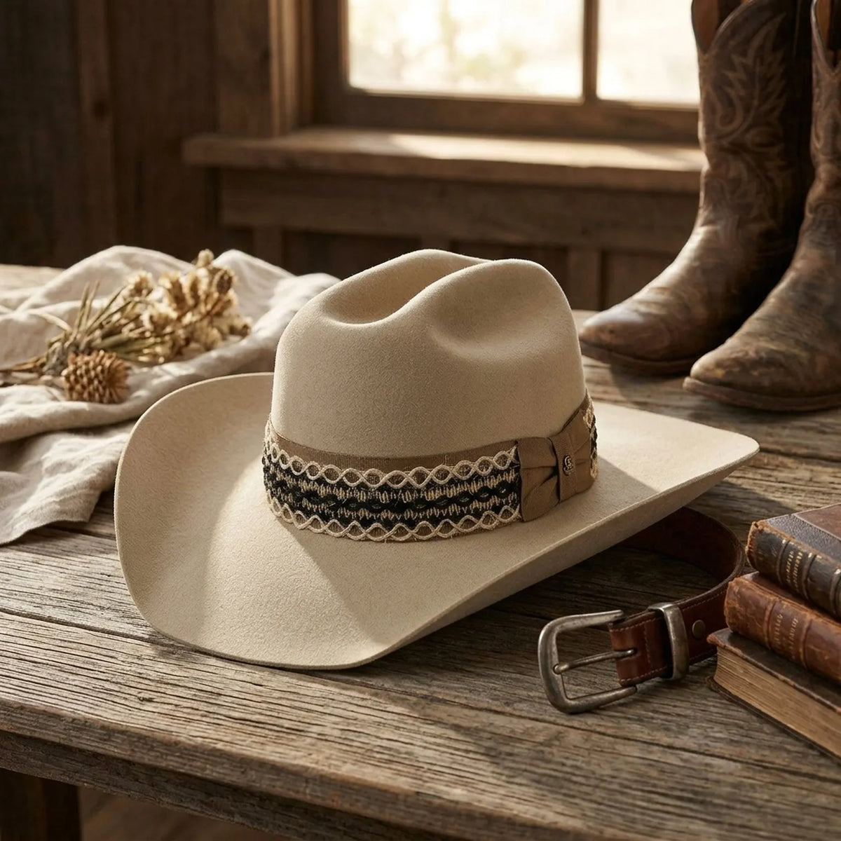 Cream Western Hat with Woven Geometric Band and Brim