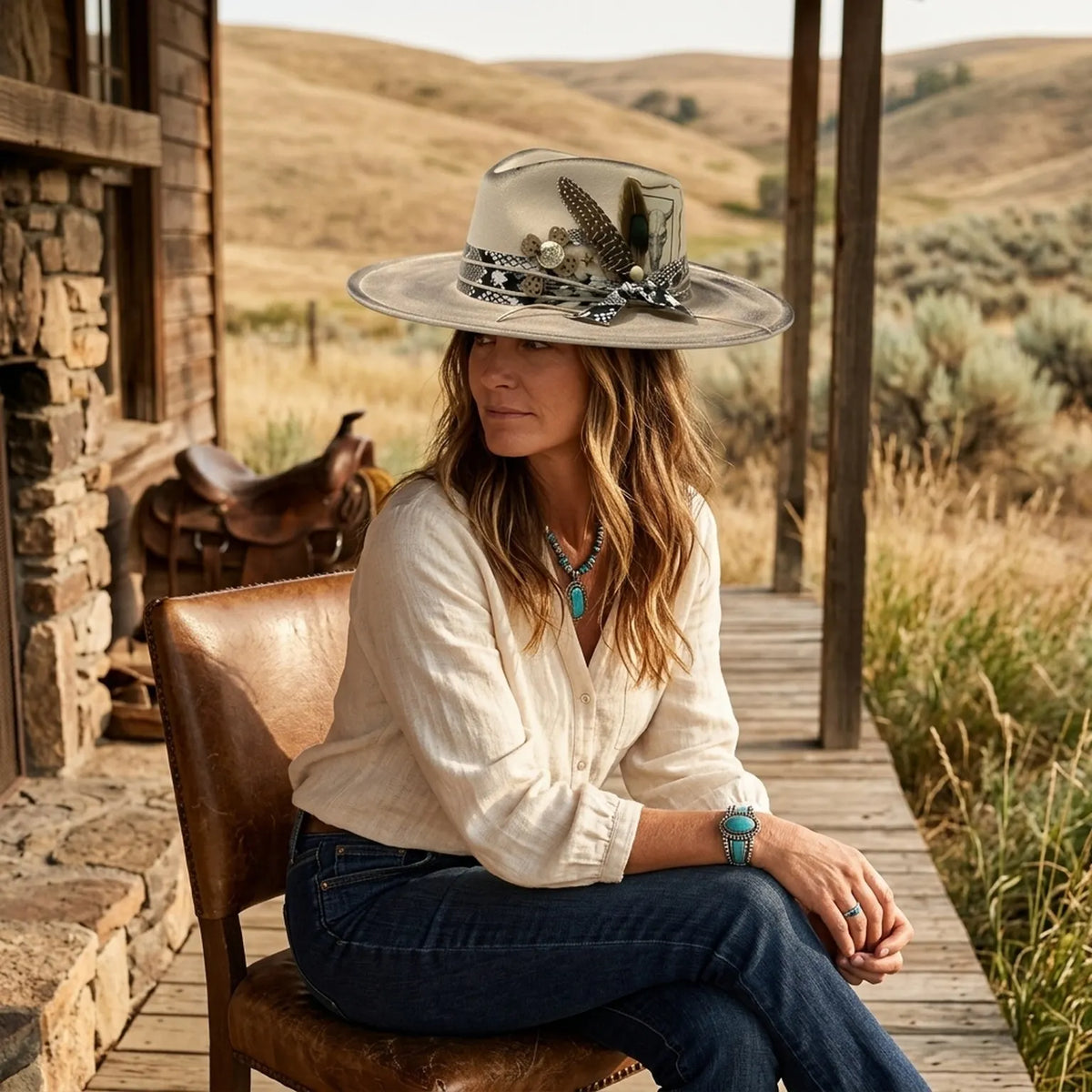 Vintage Cream Fedora with Snake Band, Feathers and Bull Card