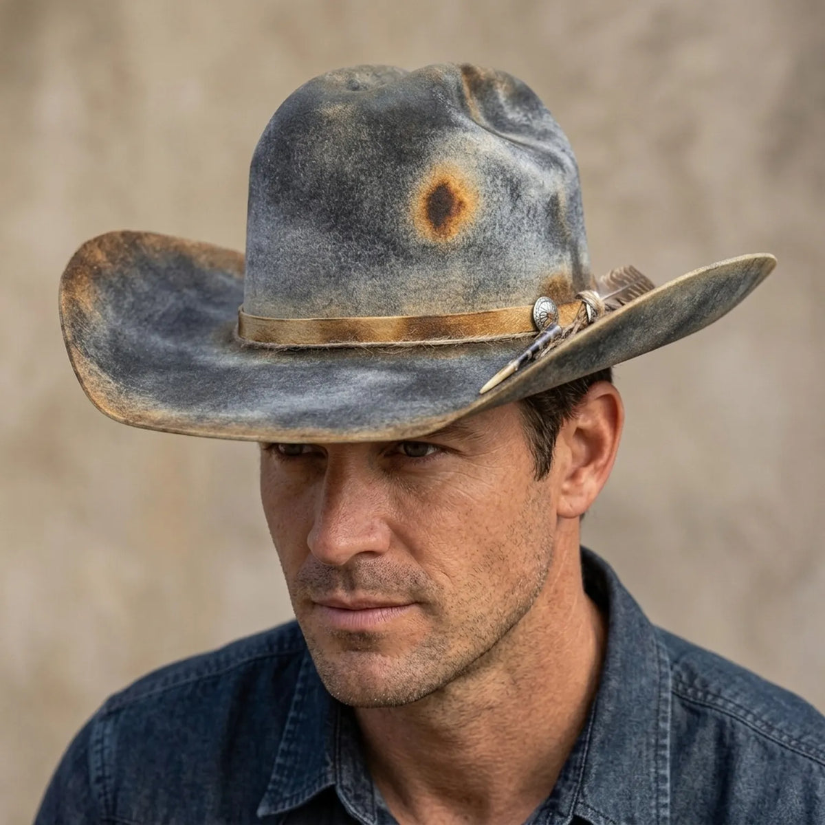 Distressed Gray Felt Cowboy Hat with Feather Concho Band