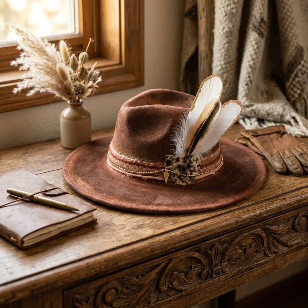 Rust Brown Fedora Lace Band Chain Feathers Leopard Accent Boho Hat