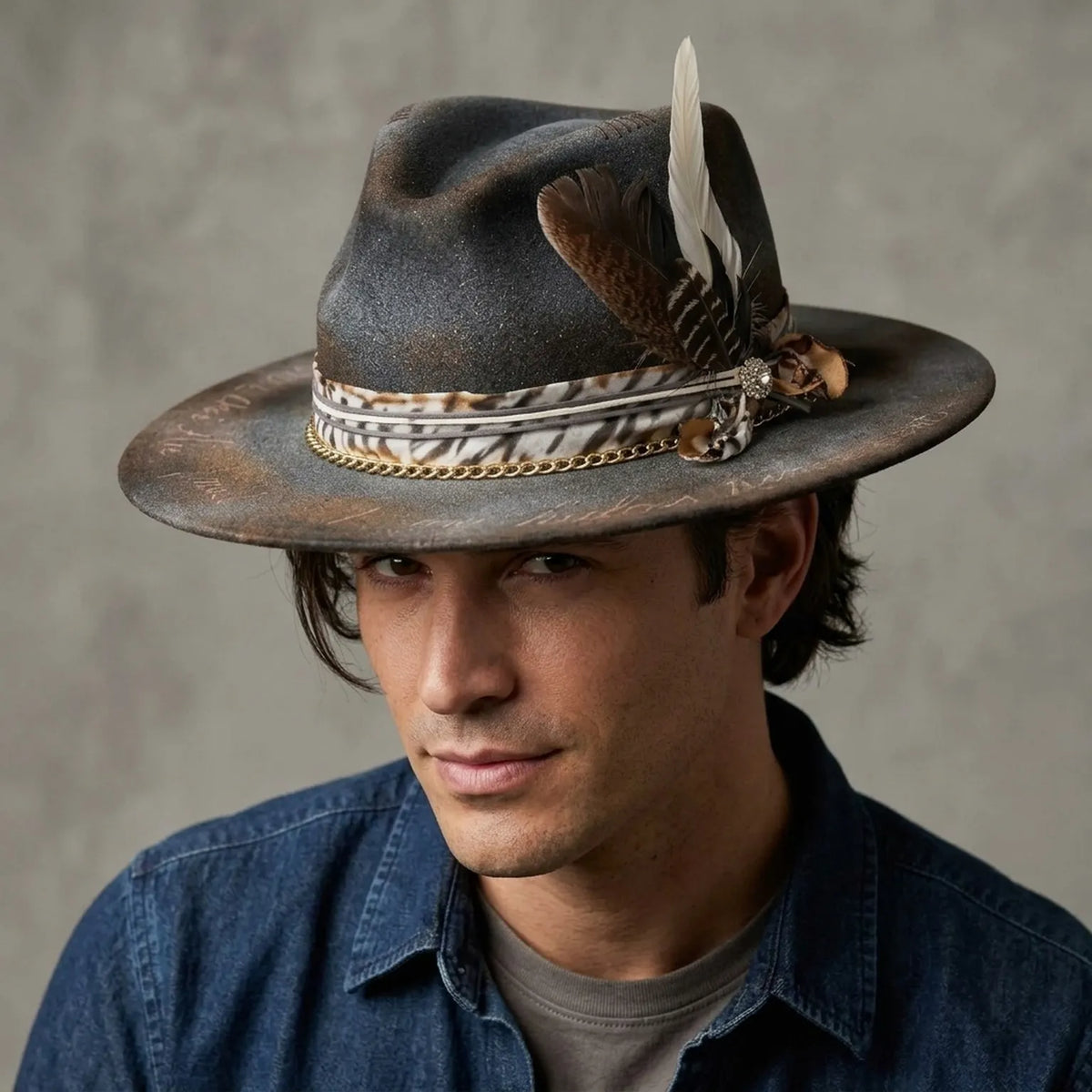 Charcoal Fedora with Gold Chain Zebra Print Band and Feathers