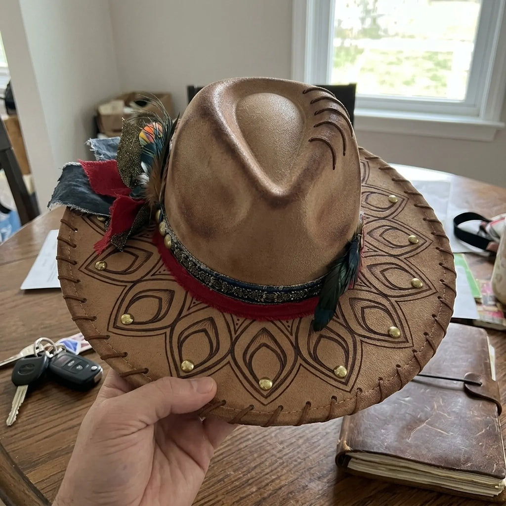 Tan Festival Cowboy Hat with Mandala Pattern and Gold Studs