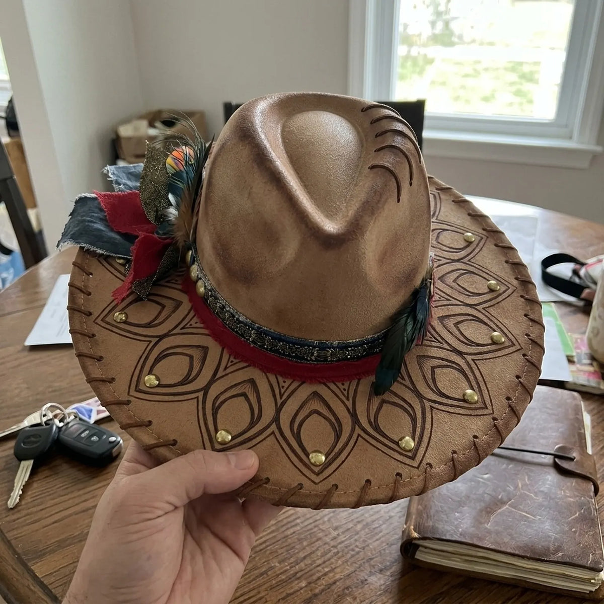 Tan Festival Cowboy Hat with Mandala Pattern and Gold Studs