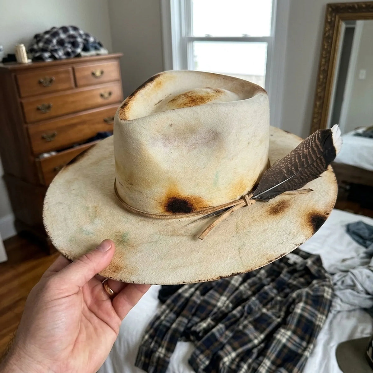 Bone Felt Fedora with Brown Leather Band and Feather