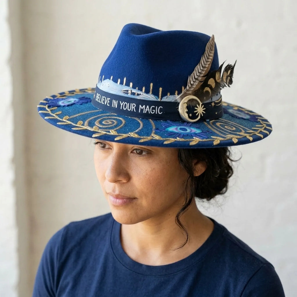 Royal Blue Felt Fedora with Evil Eye Charms Gold Embroidery