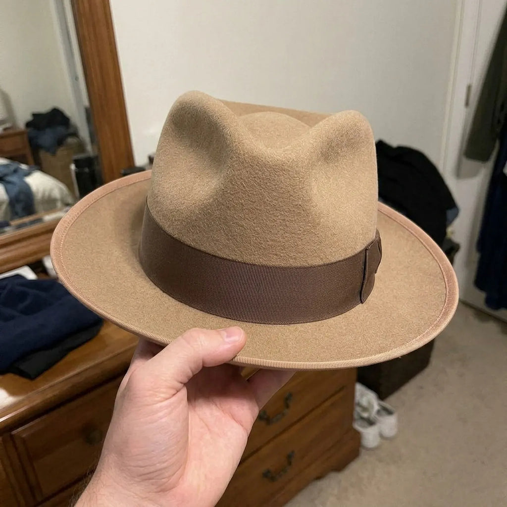 Unisex Camel Wool Felt Fedora Hat with Grosgrain Ribbon Band