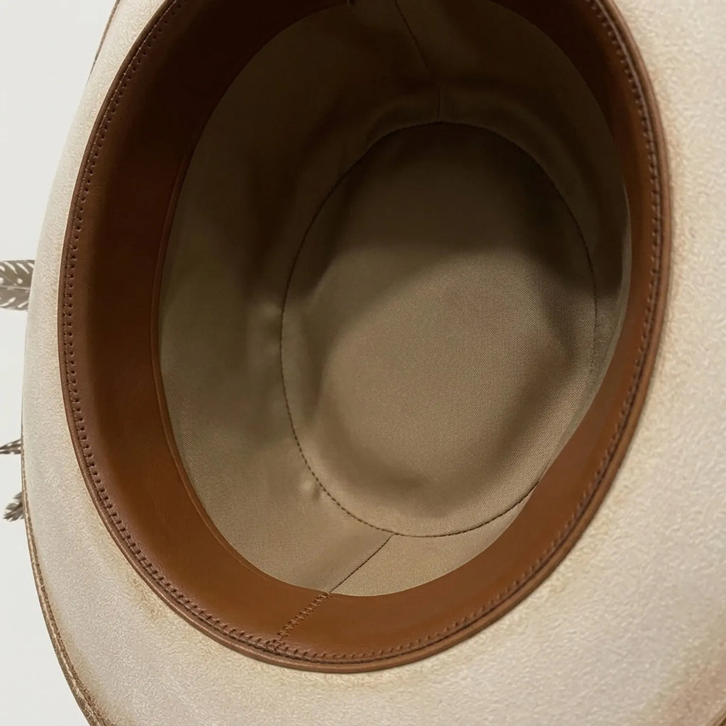 Cream Flat Crown Panama Hat with Leather Band and Feathers