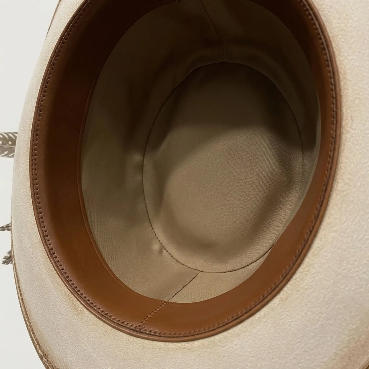 Cream Flat Crown Panama Hat with Leather Band and Feathers