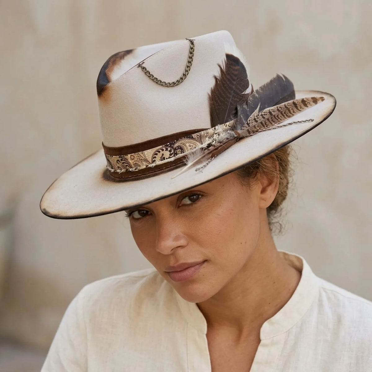 Cream Felt Western Hat with Leather Band and Chain Tassel