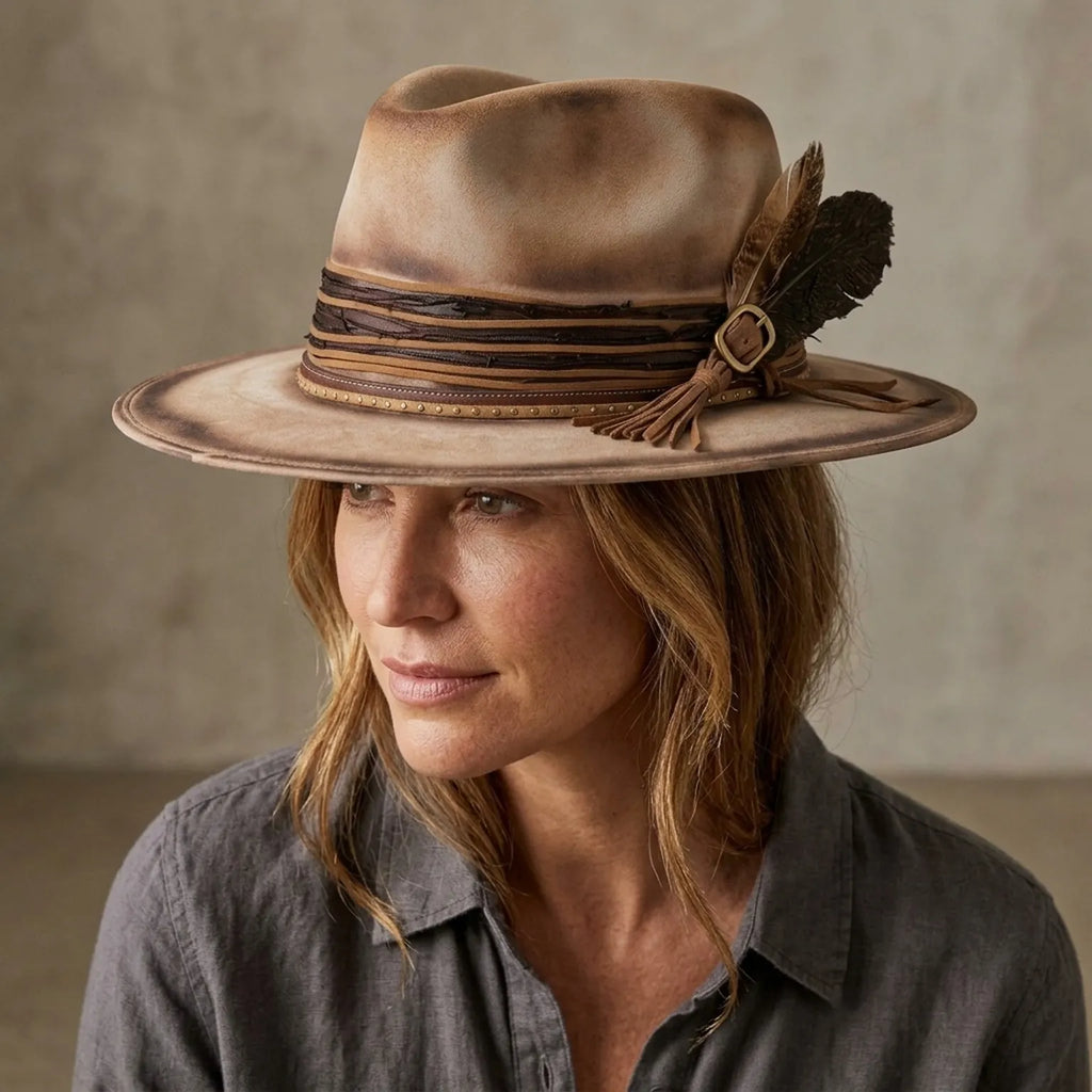 Tan Felt Fedora with Layered Leather Band, Tassel and Feathers