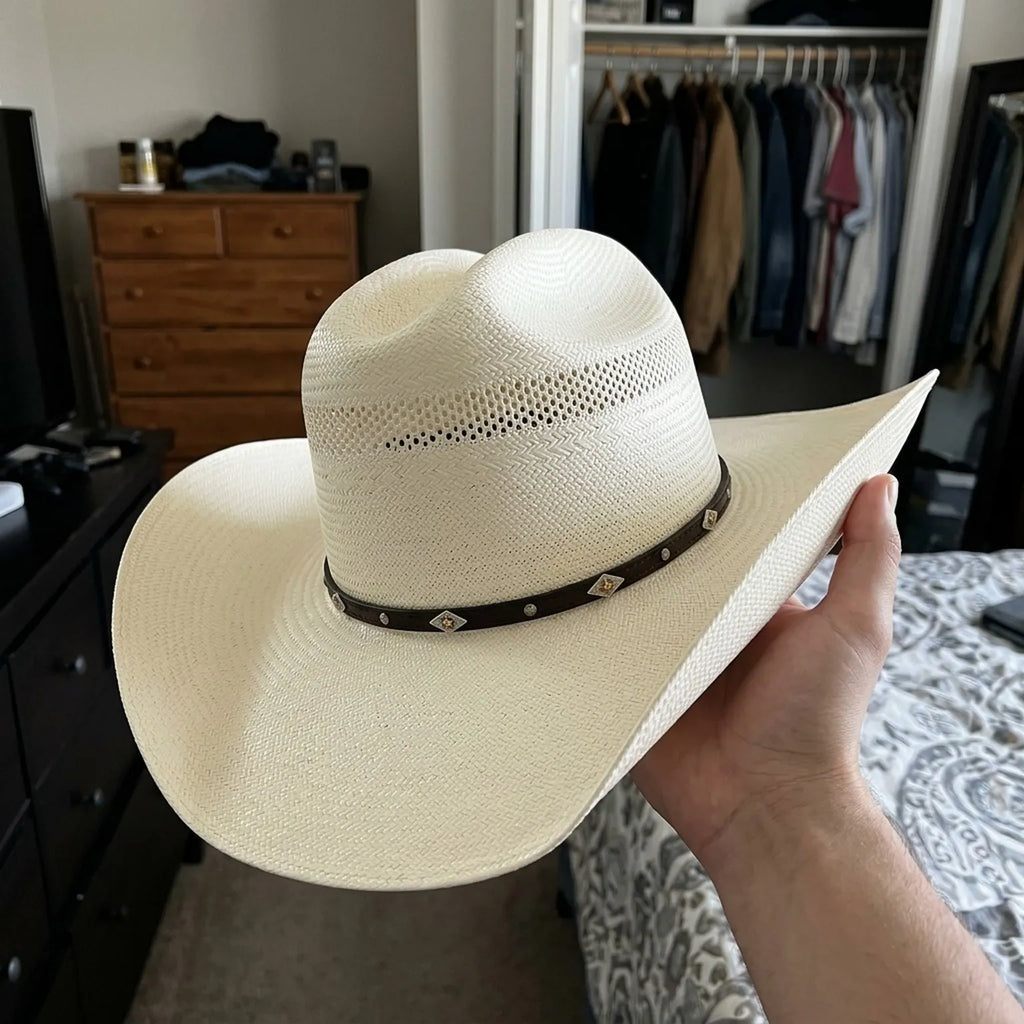 Ivory Straw Western Hat with Diamond Stud Band and Beads