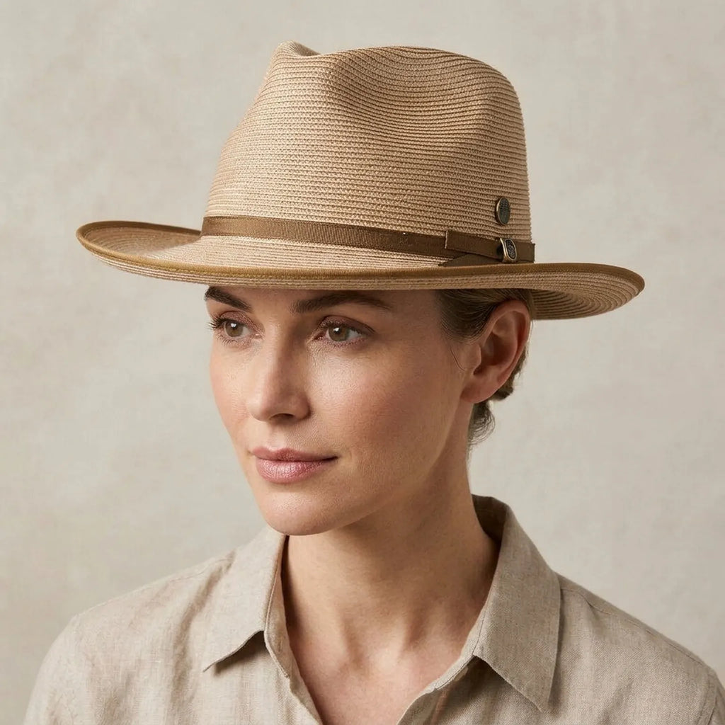 Tan Straw Fedora Hat with Brown Grosgrain Ribbon Band and Bow