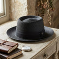 Black Straw Pork Pie Hat with Wide Brim and Flat Crown