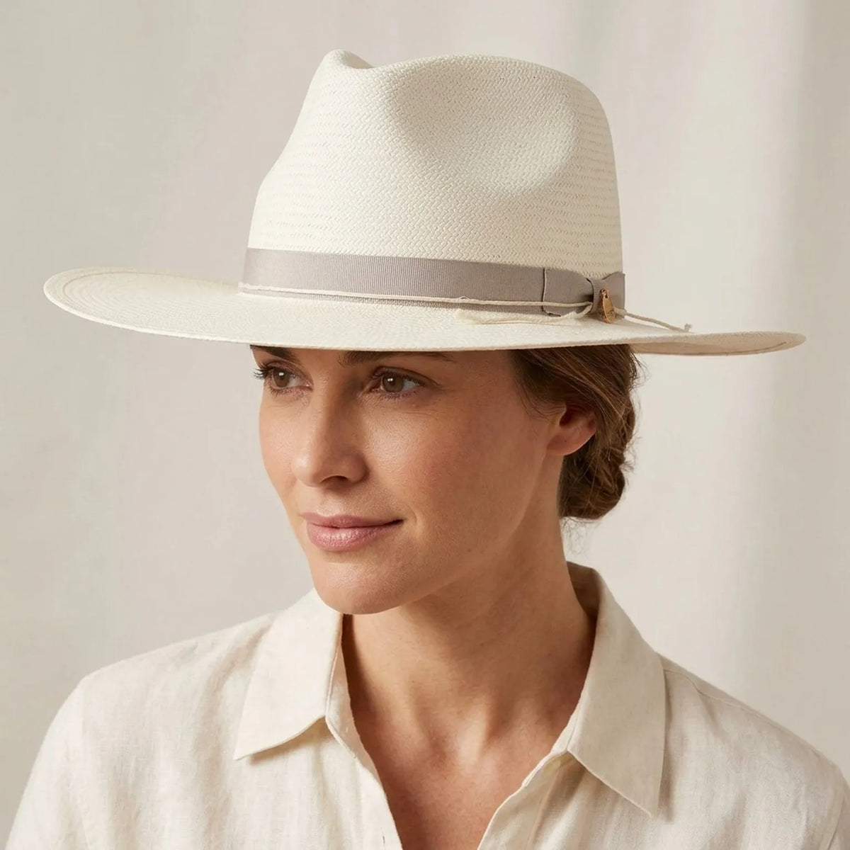 Cream Straw Fedora Hat with Tonal Grosgrain Band and Curved Brim
