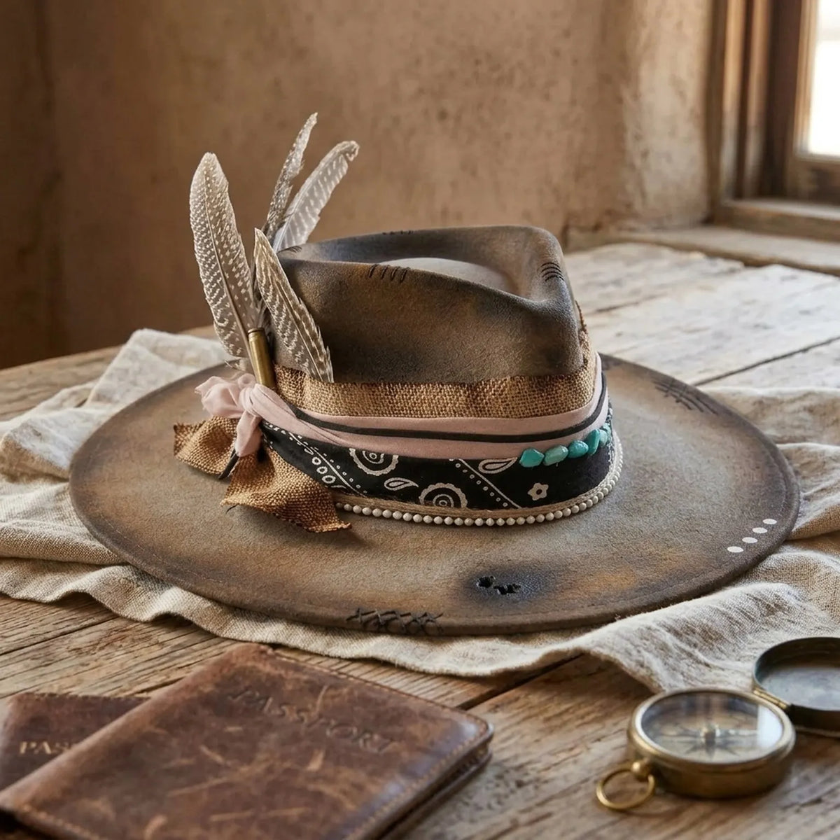 Brown Wide Brim Festival Hat with Feathers and Turquoise Beads