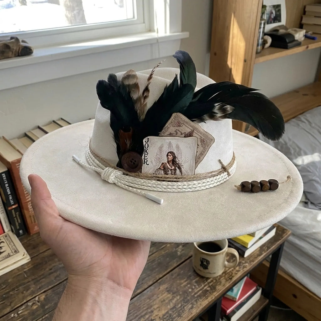 Cream Felt Fedora With Playing Cards Feathers And Wooden Beads