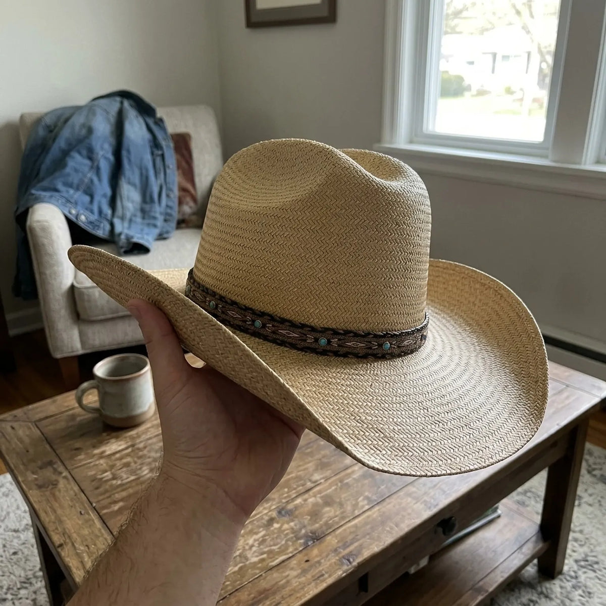 Natural Straw Cowboy Hat with Turquoise Beaded Leather Band