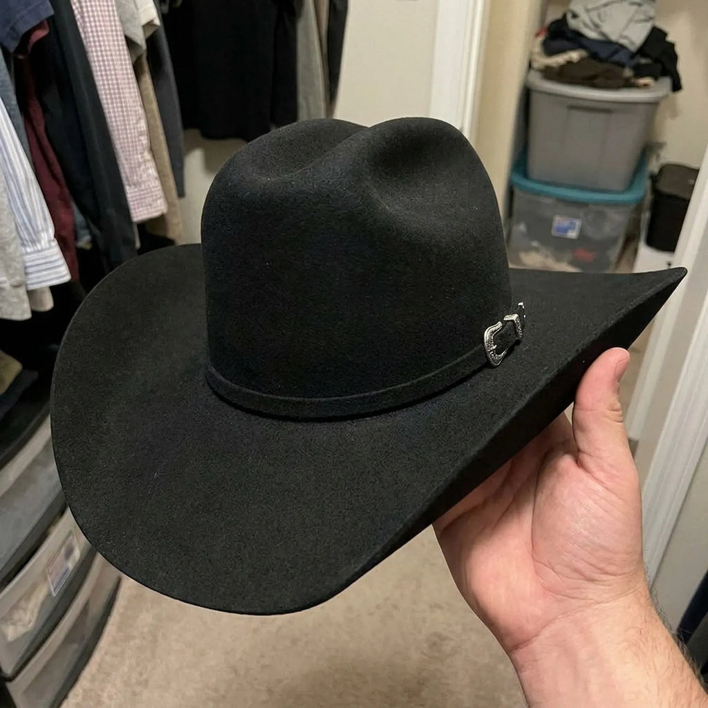 Navy Blue Felt Cowboy Hat with Pinched Crown and Wide Brim