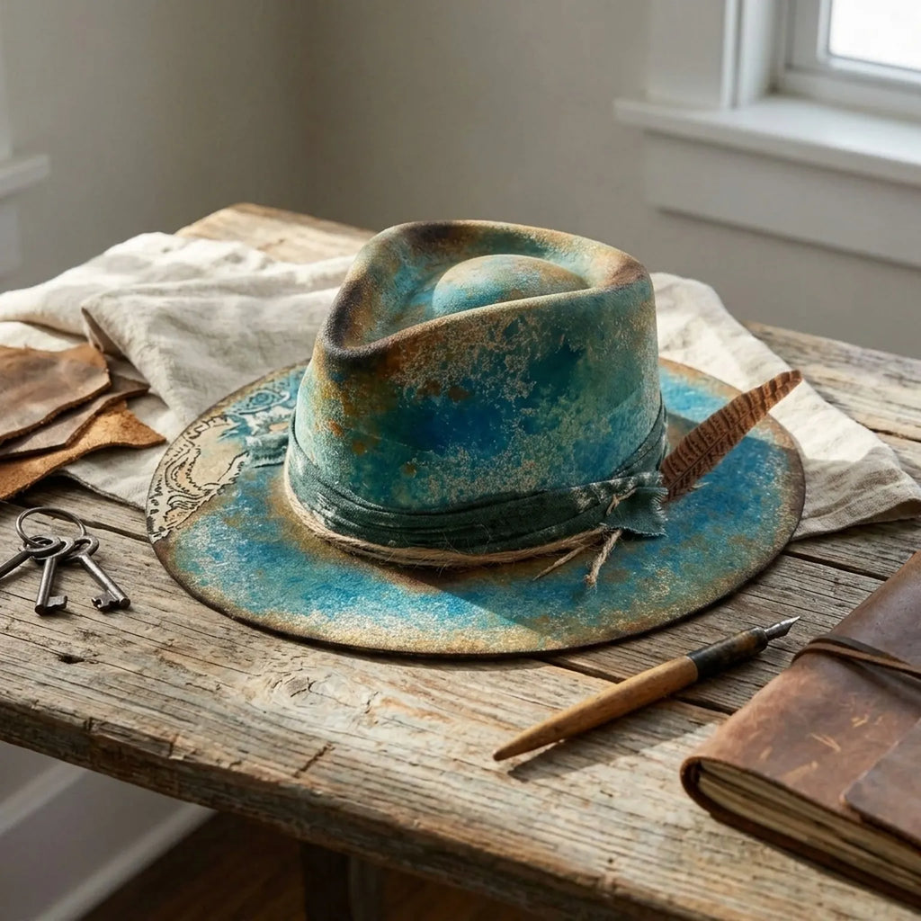Turquoise Felt Western Hat with Dark Band and Striped Feather
