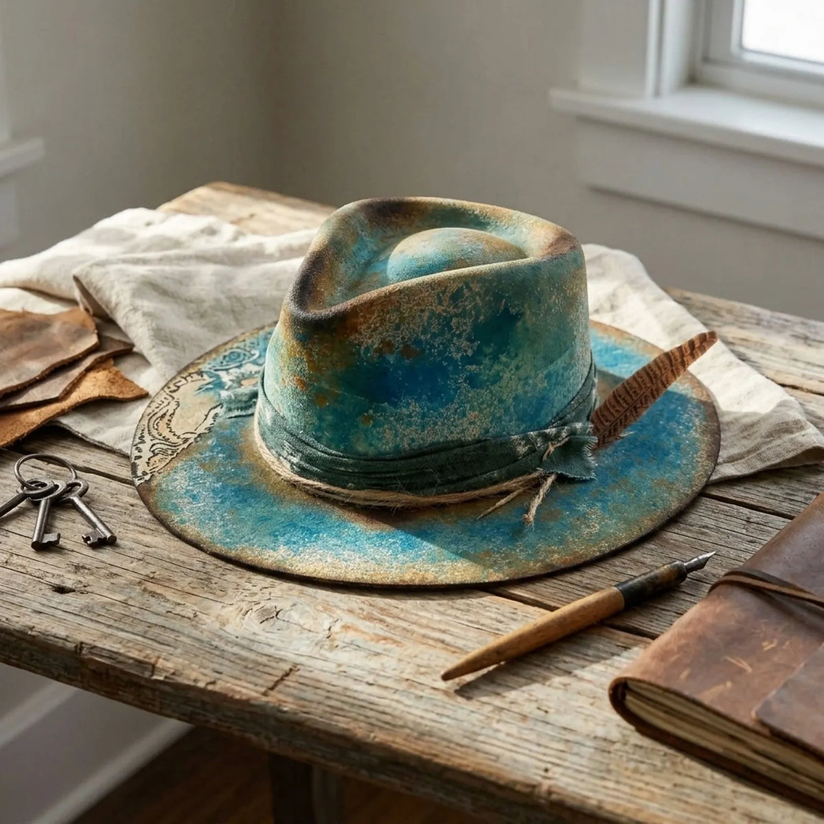 Turquoise Felt Western Hat with Dark Band and Striped Feather