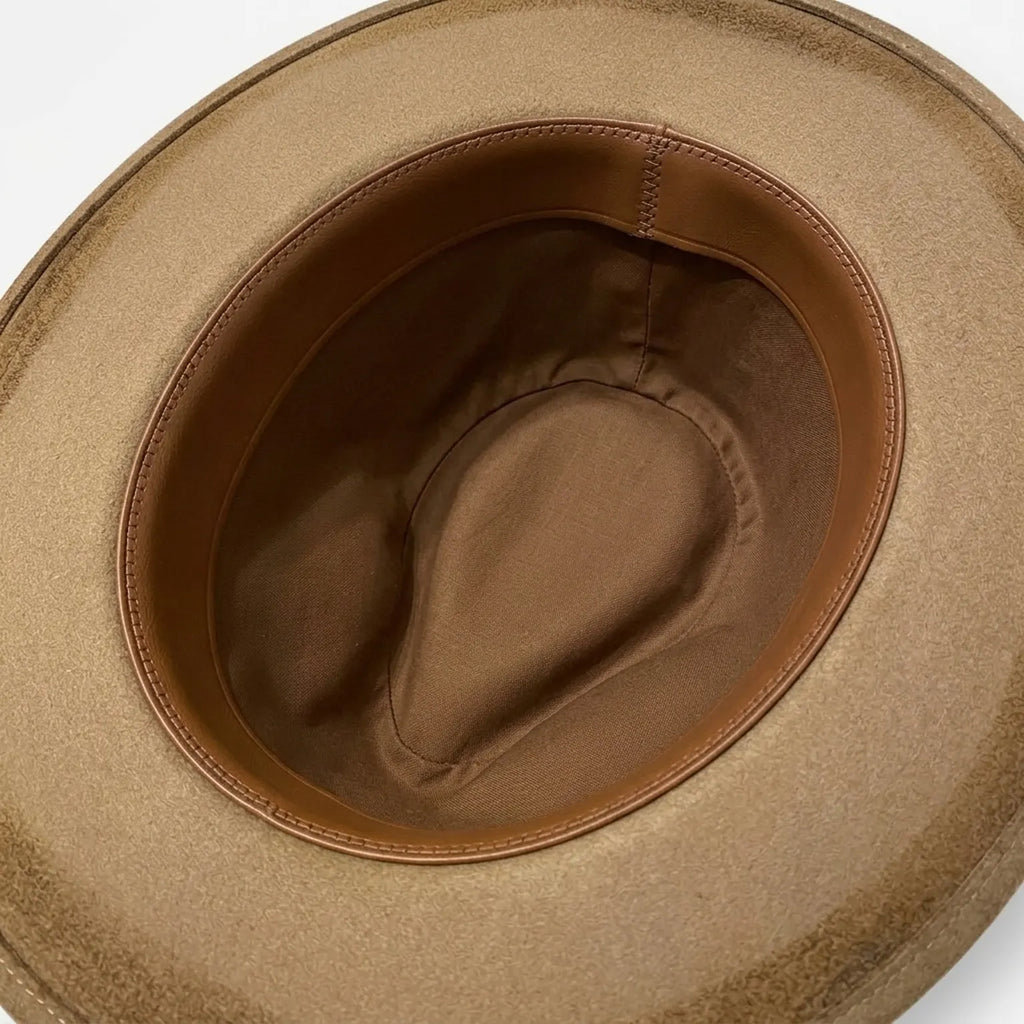 Tan Felt Western Hat With Playing Cards Feathers And Etched Brim
