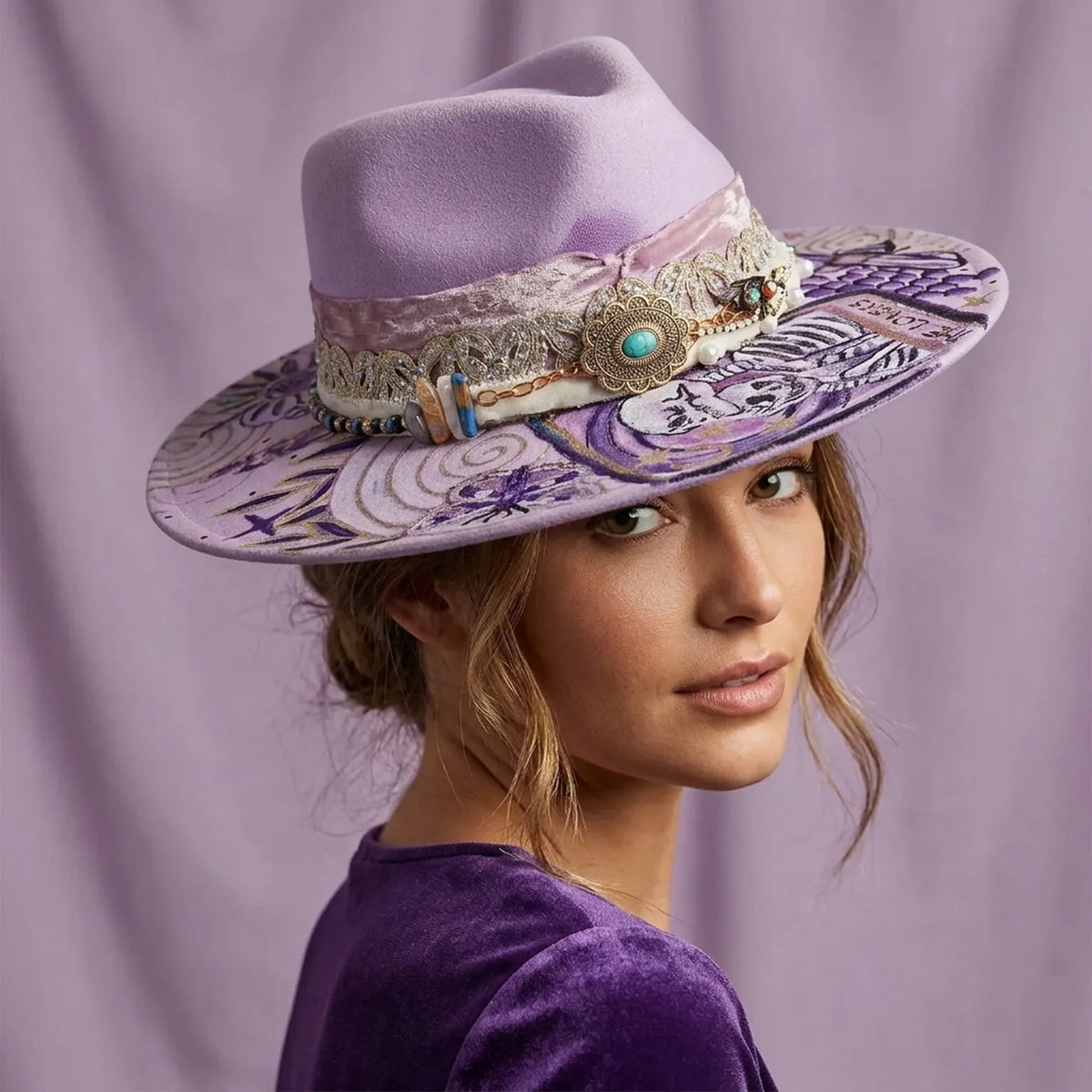 Lavender Felt Fedora with Tarot Lovers Card Rhinestone Concho