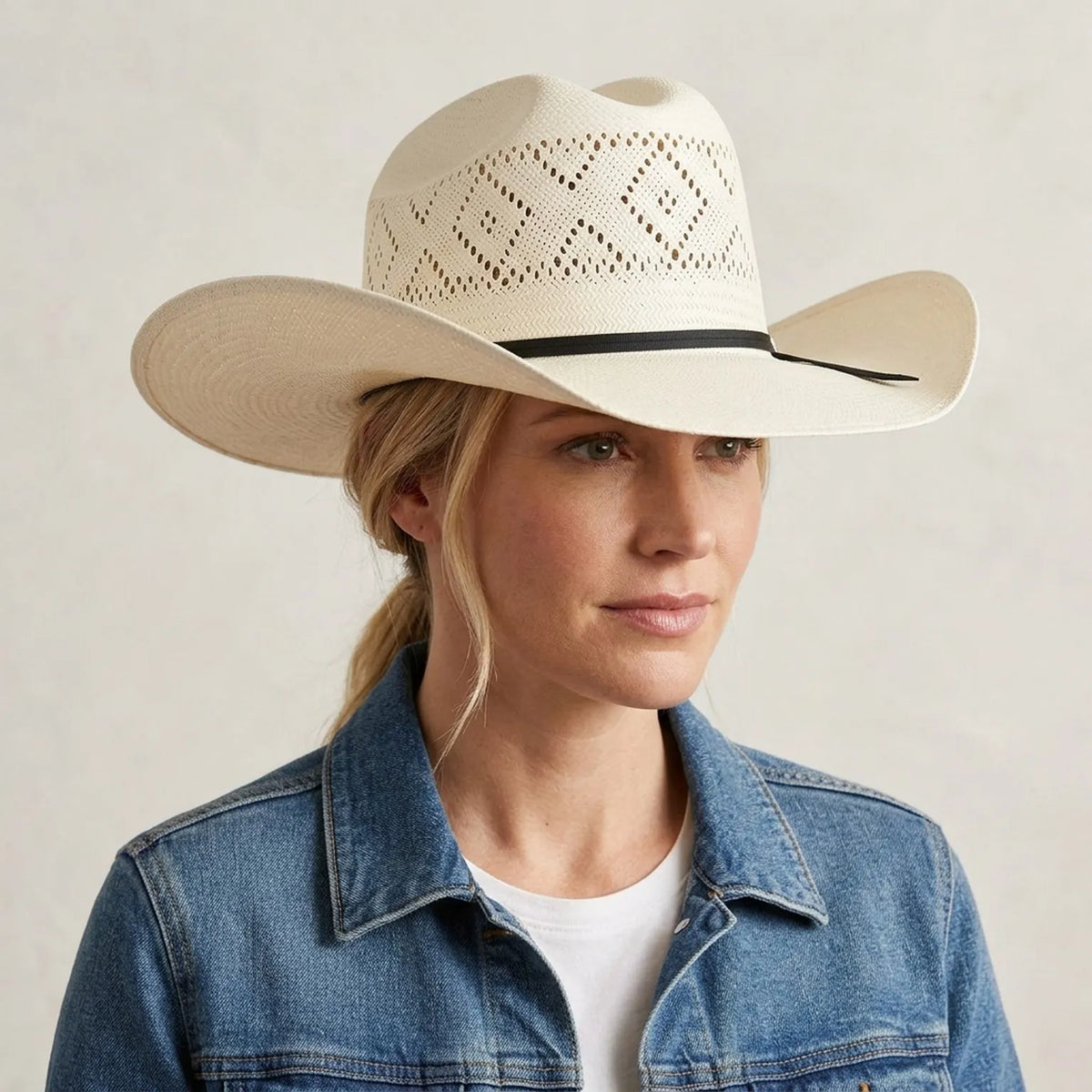 Cream Straw Cowboy Hat with Vented Diamond Crown Pattern